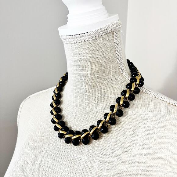 Monet Vintage Black Bead & Gold Tone Collar Necklace - Picture 4 of 9